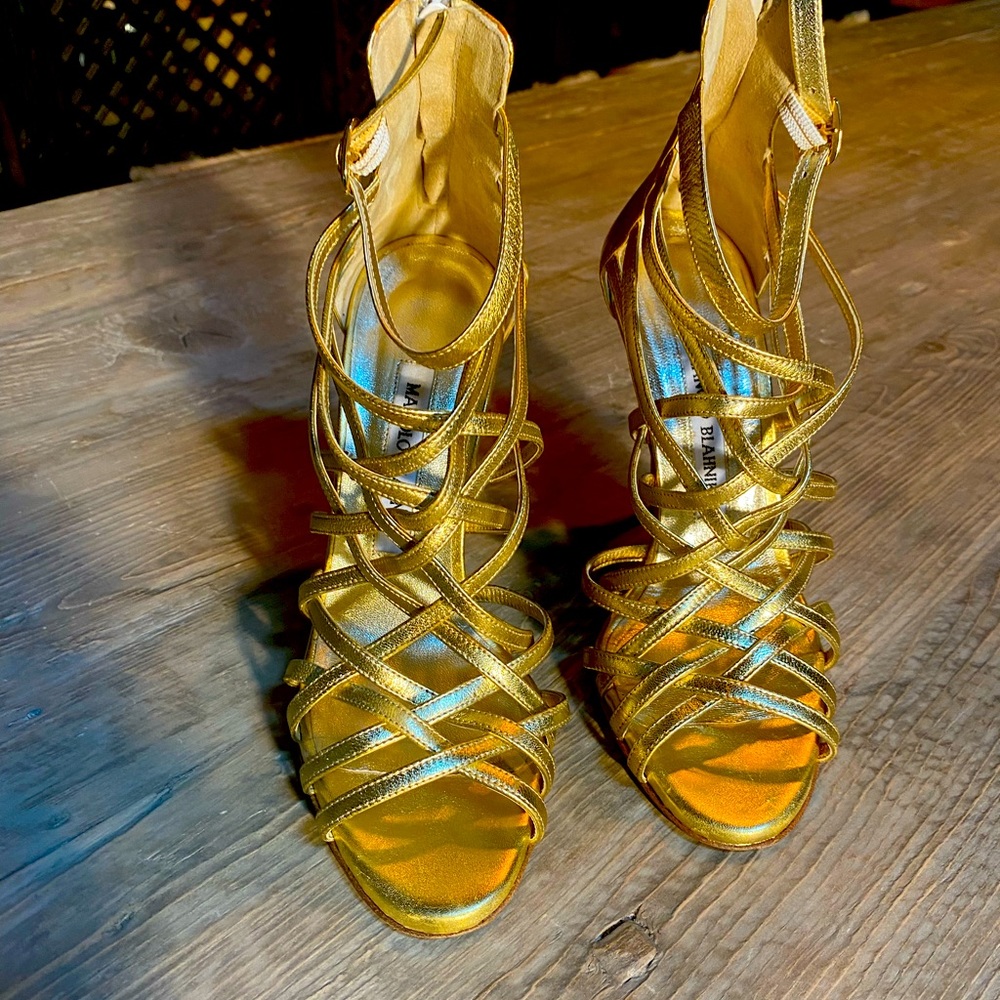 Manolo Blahnik Strappy Caged Gold Strappy Heels